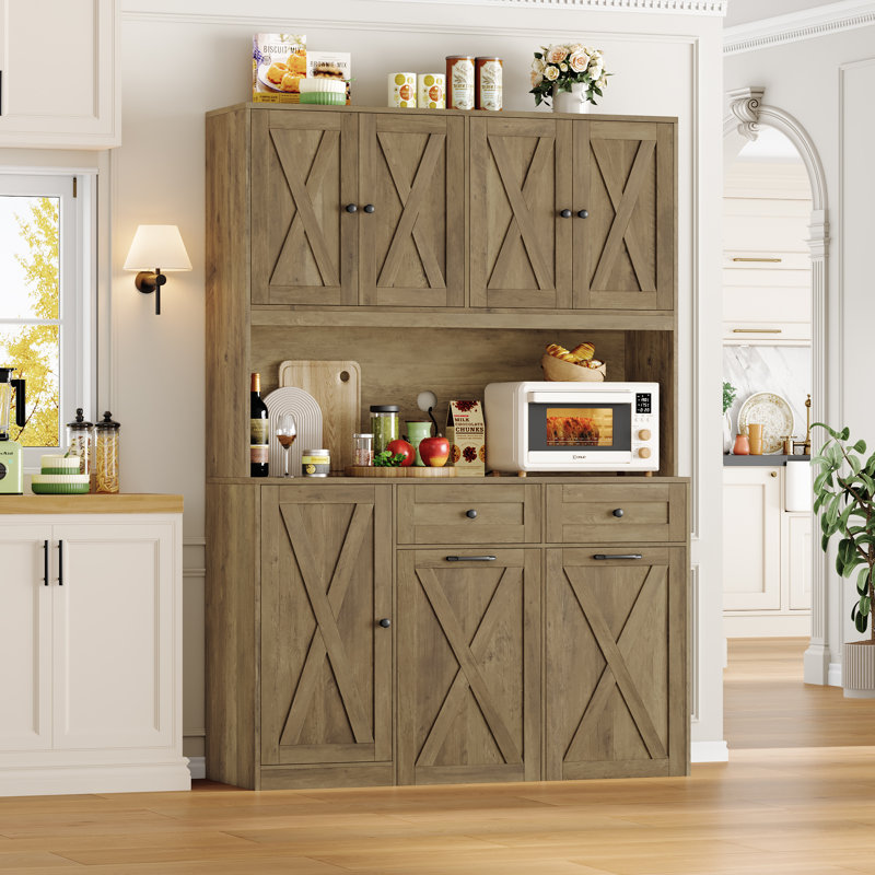 Armoire à poubelle à grande capacité avec tablette à micro-ondes et armoire de rangement autoportante, Brun rustique