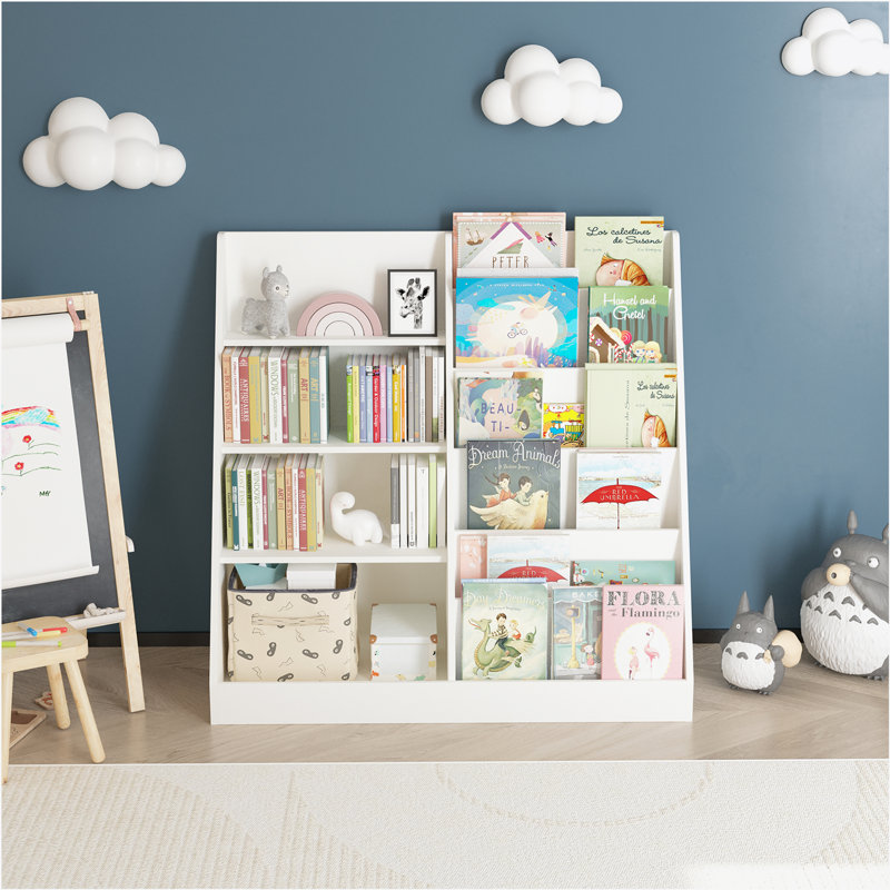 Kids Bookshelf and Toy Storage Organizer, Multifunctional 4 Tier Wooden Kids Book Shelf with  Bookcase Display Stand
