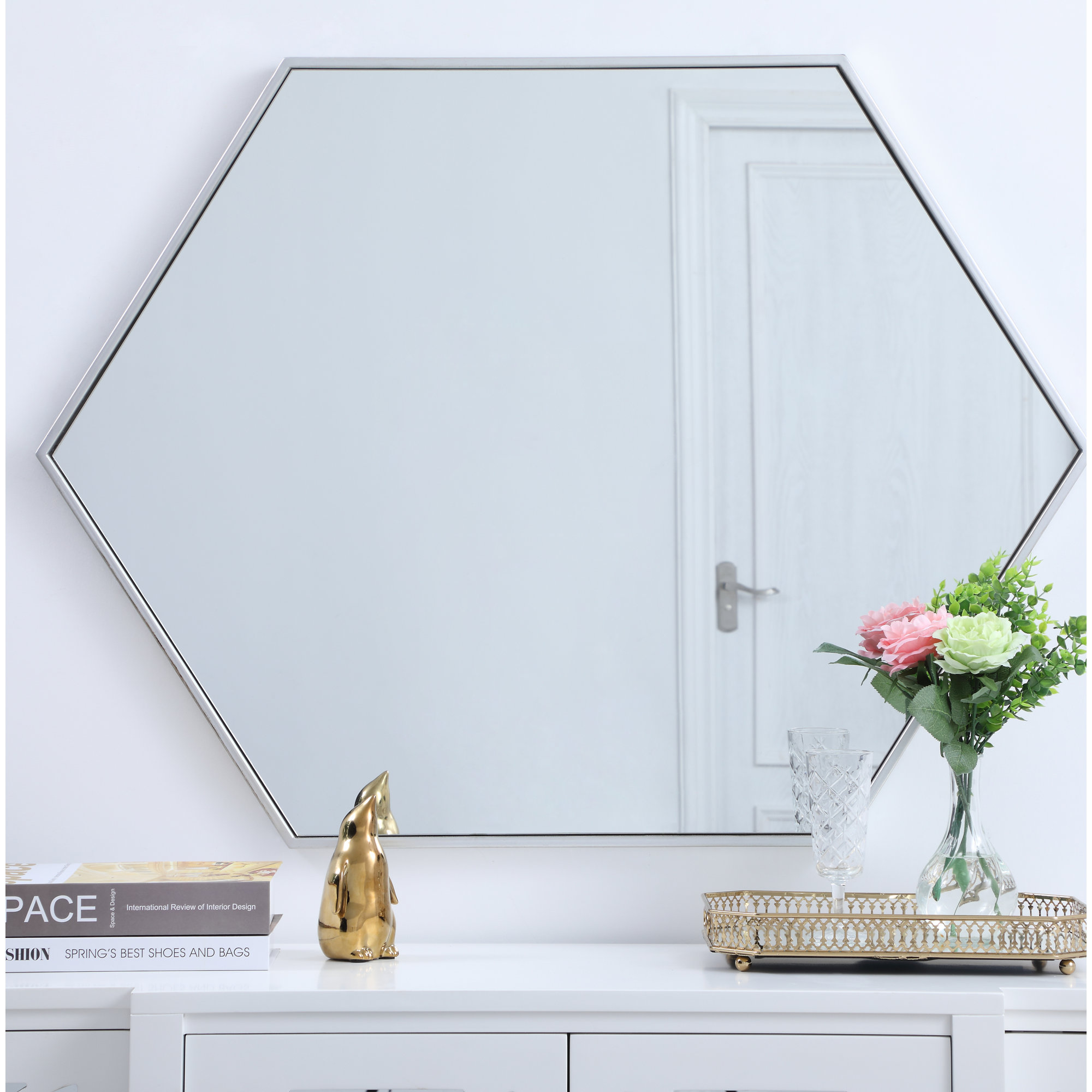 Sabine Metal Hexagon Wall Mirror, 35" H x 41" W, Silver