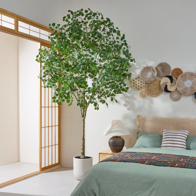 Grand figuier figuier artificiel de 7 pi à 10 pi dans un pot de fleurs en forme de U - Ficus en pot ultra luxuriant avec texture de bois naturel pour les hauts plafonds, les halls d'entrée et la décoration intérieure moderne