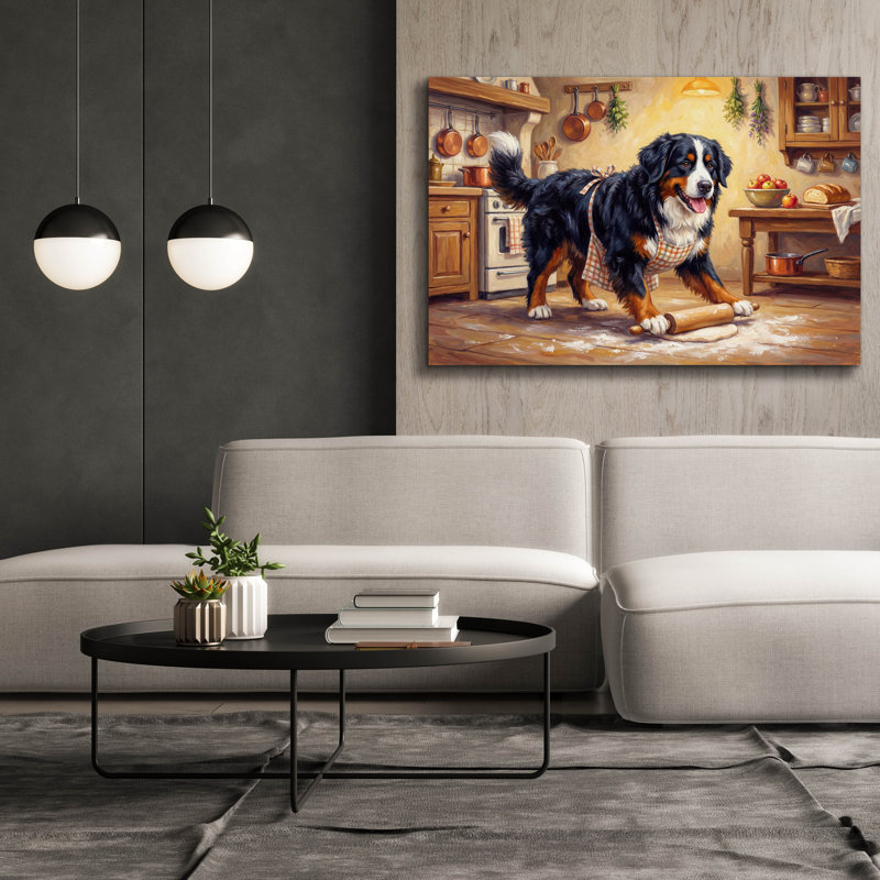  «Bernes Mountain Dog In The Kitchen» par Rich Monet, art mural sur toile, 60 po x 40 po