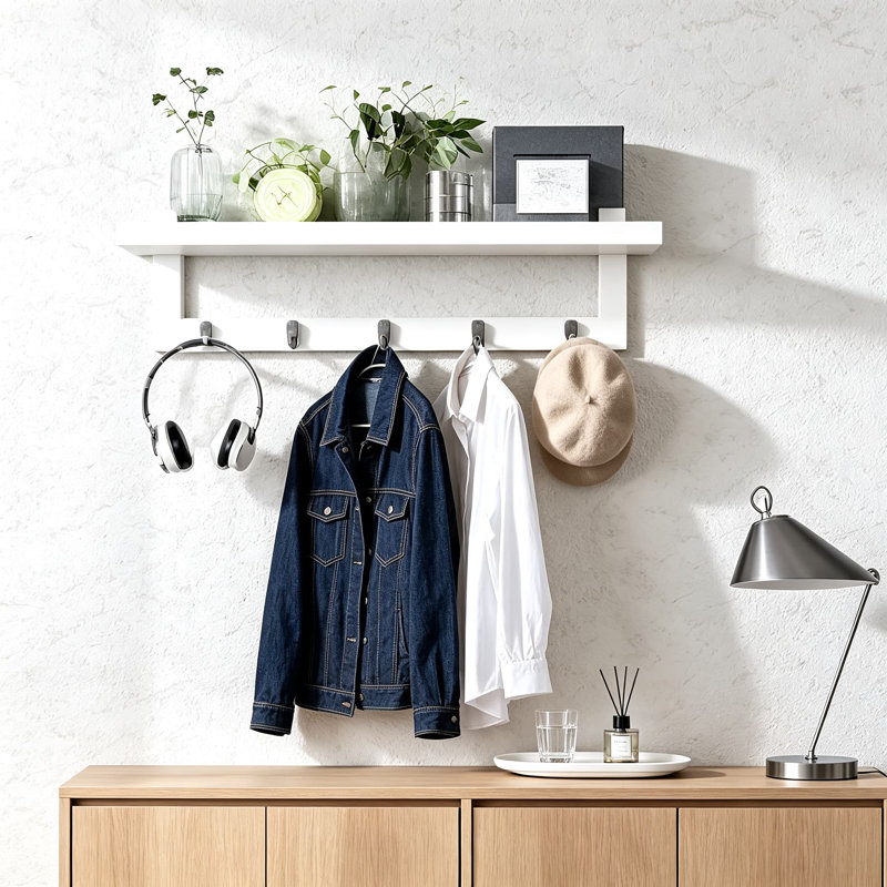 Porte-manteau mural avec tablette pour entrée, tablette suspendue en bambou avec deux crochets métalliques pour salle de bain, chambre, cuisine, buanderie