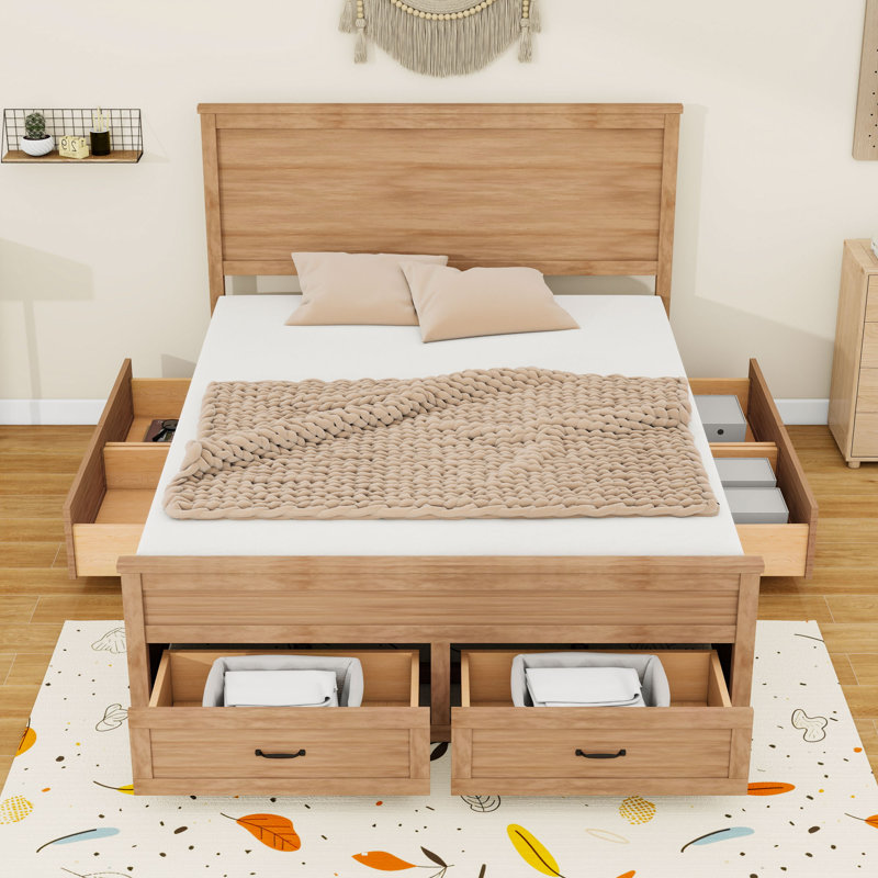 Queen Wooden Platform Bed with Storage Drawers, Headboard and Slats, Seadrift