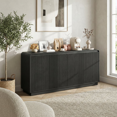 4-Door Fluted TV Stand with Built-in Power Outlet, Handleless Wave Design Entertainment Center, Adjustable 3-Tier Storage Media Console, Multi-Functional Buffet Sideboard for Living Room Dining Room