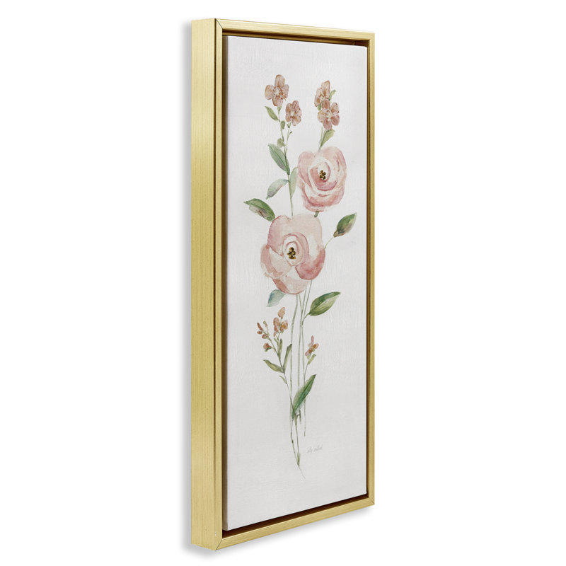 "Soft Rose Sprig", art mural encadré par Sally Swatland, Cadre flottant métallique doré, H 25 po x l 11 po