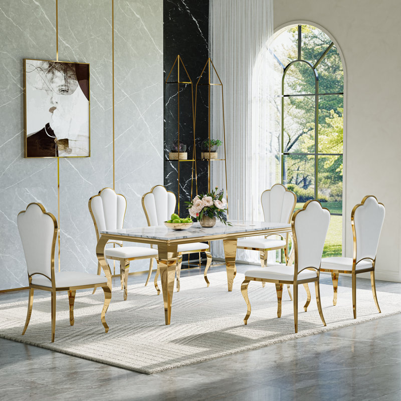 7-Piece Modern Dining Table Set with Faux Marble Top and Upholstered Chairs – Rectangular Table for 6, Stainless Steel Legs