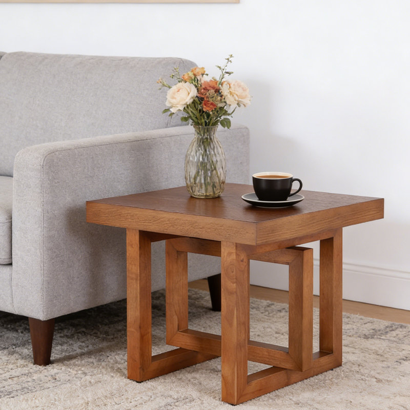 Table de bout en bois massif avec pieds antidérapants, Brun