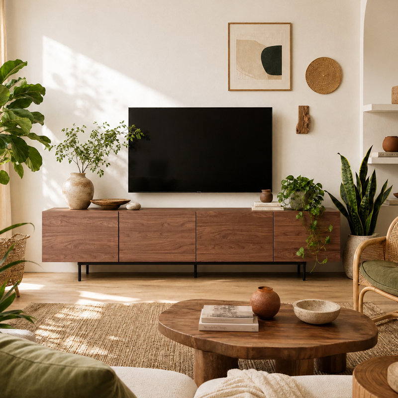 Meuble télé 94,5 po Mid-Century moderne en noyer pour téléviseur de 100 po ou moins avec rangement à 4 portes