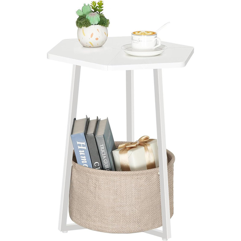Petite table d'appoint hexagonale avec panier de rangement, table de chevet moderne, blanc