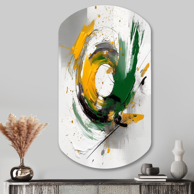«Yellow and Green Abstracted Perspectives III - Cylindre abstrait en métal, reproduction d'art asymétrique moderne