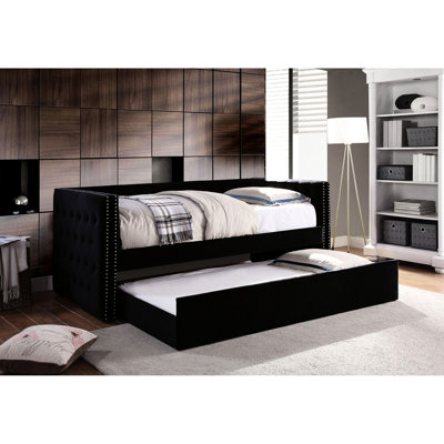 Lit de jour avec couchette, style noir transitionnel, revêtement en flanelle rembourrée, bouton, design, garniture cloutée, ensemble de lattes