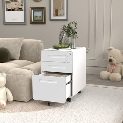 Classeur en métal à 3 tiroirs avec serrure FinerFurnis, classeur mobile entièrement assemblé, rangement sous le bureau à 5 roulettes anti-basculement pour format lettre A4, bureau personnel - blanc