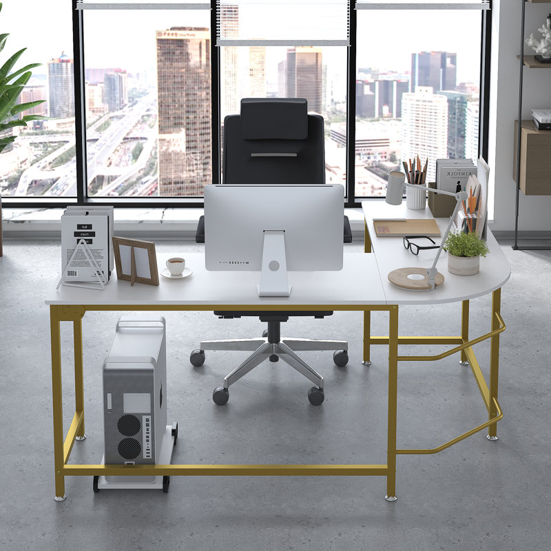 Arlie L-Shaped Metal Base Computer Desk, 29.52" H x 66.14" W x 47.24" D, White/Gold