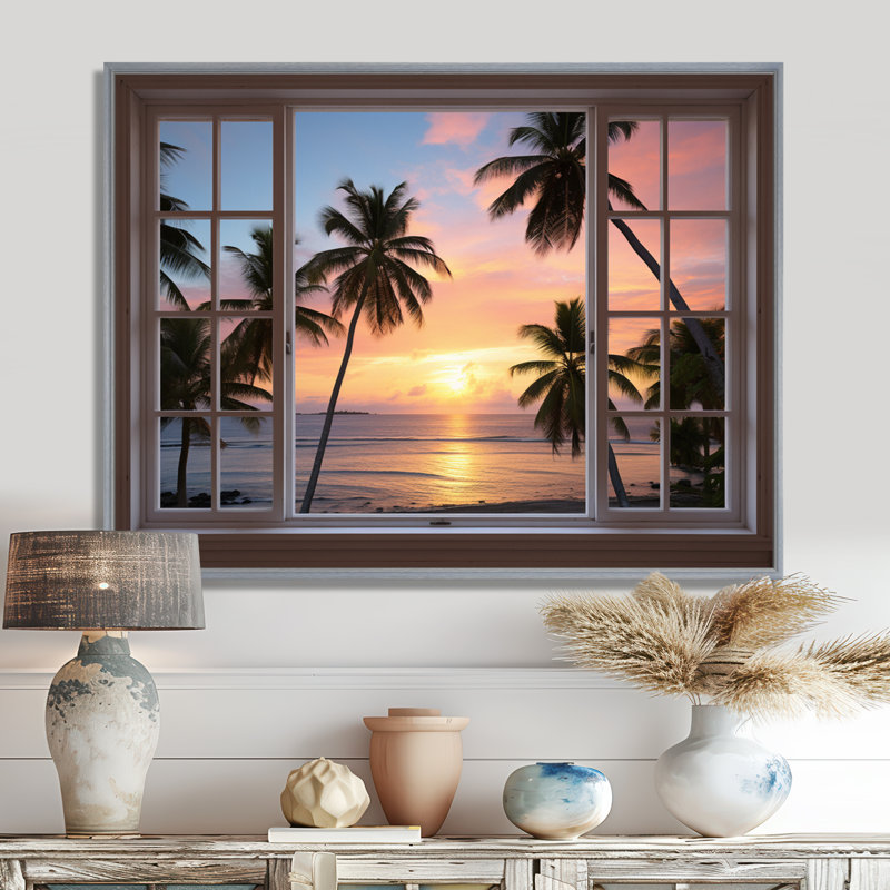 Vue tropicale de l'océan par une fenêtre blanche ouverte I - art mural côtier, H 16 po x l 32 po, Brun