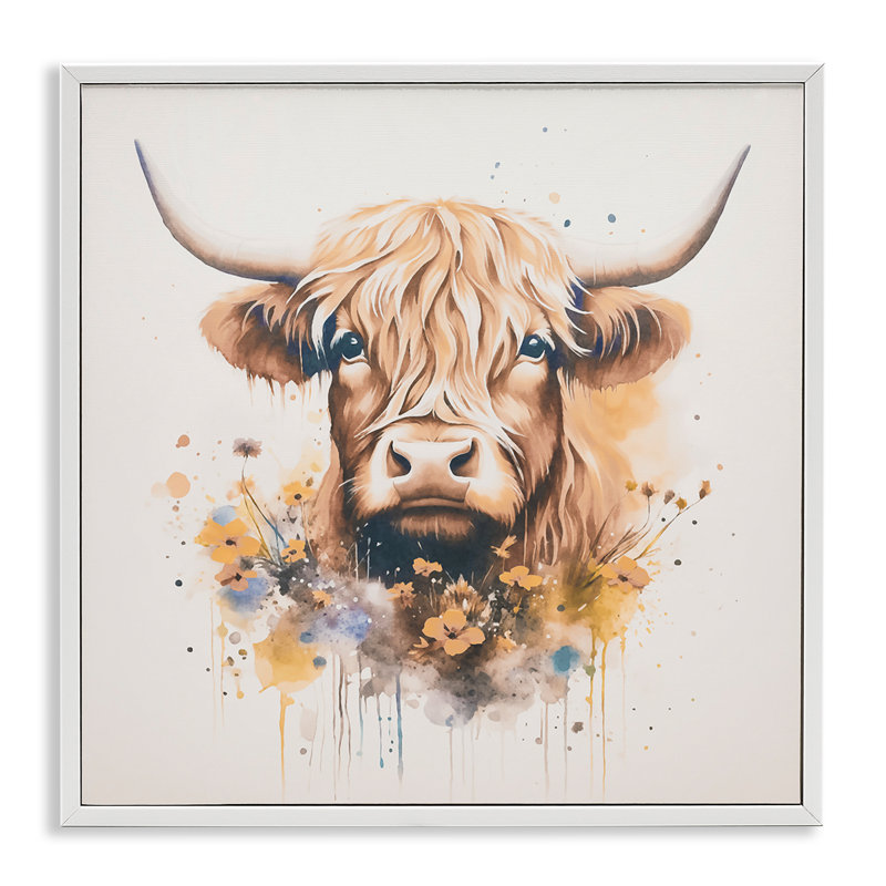 «Fancy Florals Highland Cow», art de la giclée encadrée par Andrea Haase, Giclée encadrée blanc bord de mer