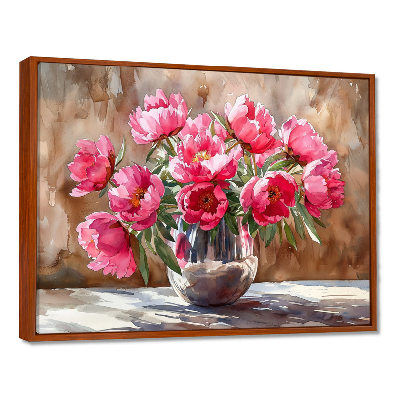 Pivoines dans un vase en acier inoxydable - pivoines, art mural, H 30 po x l 40 po, Brun
