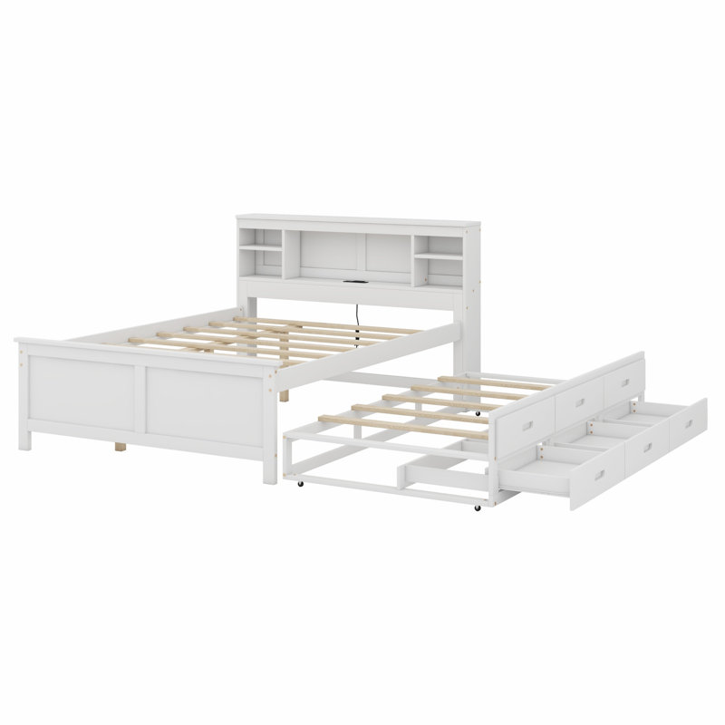 Lit plateforme avec tête de lit avec rangement, USB, lit gigogne et 3 tiroirs, Lit double, Blanc