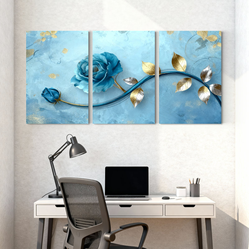 Pivoine, rose bleue et feuilles d'or sur fond bleu, ensemble de 3 impressions sur toile, H 30 po x l 60 po