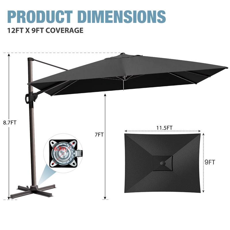 Parasol extérieur en porte-à-faux 141 po x 104 po Donelu, base lestée non incluse, Noir