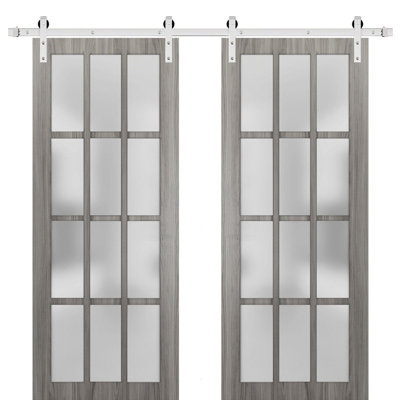 Sturdy Double Barn Door With Frosted Glass 12 Lites | Felicia 3312 | 13FT Rail Hangers Heavy Set | Solid Panel Interior Doors-36"" X 84"" (2* 18X84)-Sil -  SARTODOORS, "FELICIA3312DB-S-GA-36"" x 84"" (2* 18x84)"