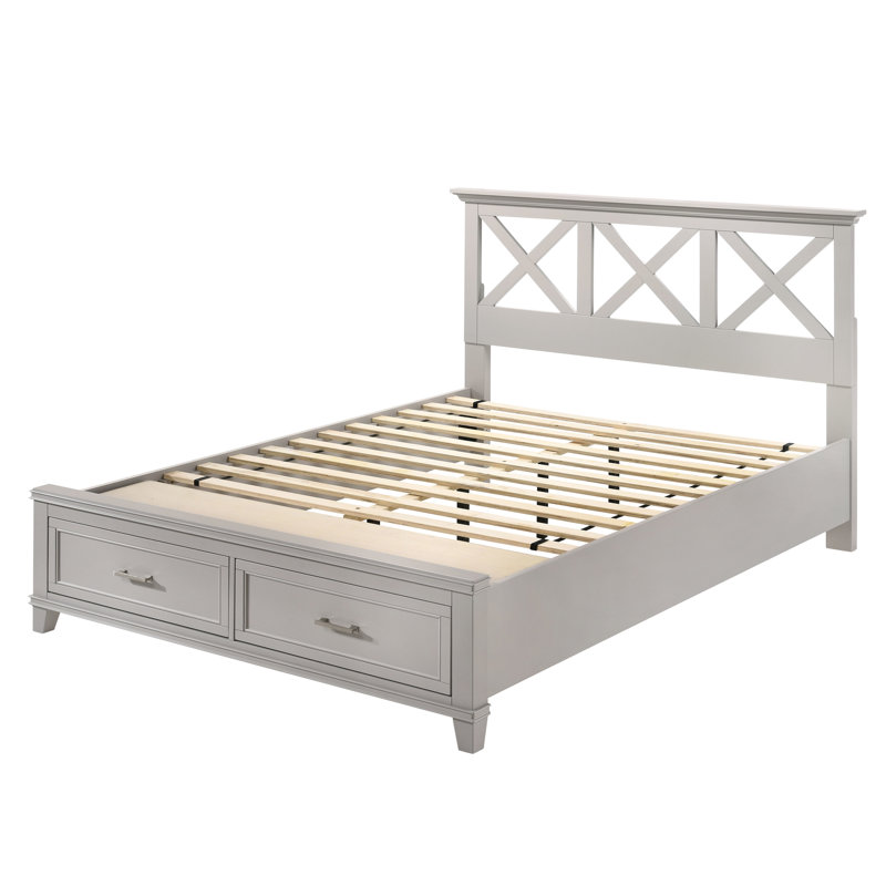 Très grand lit de rangement gris avec tête de lit en X pour un style de chambre à coucher avec des matériaux de qualité conçus