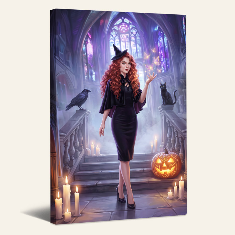 Toile rouge, sorcière dans la cathédrale gothique avec citrouille d'Halloween, art mural, 30"H x 20"W