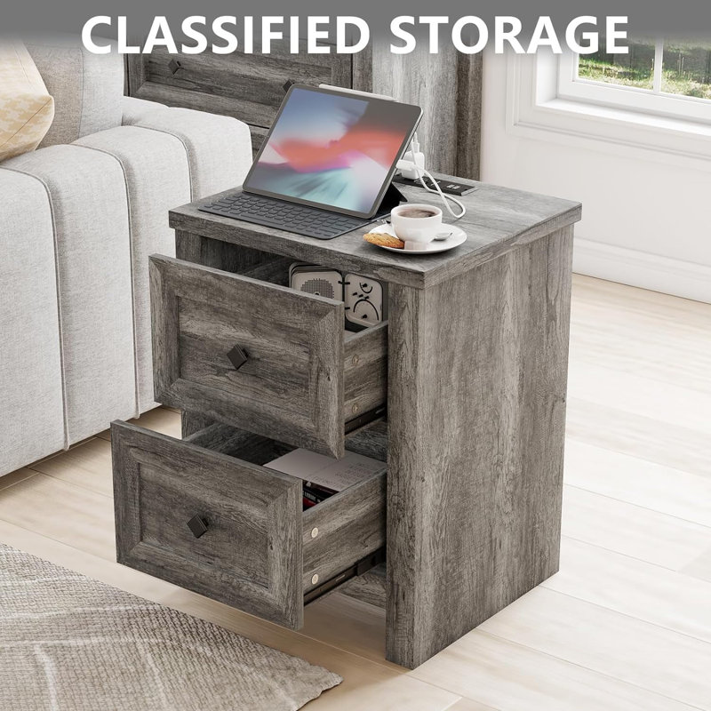 Nightstand With Charging Station, Farmhouse End Table, Gray