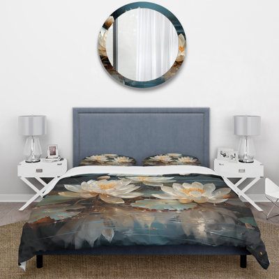 Lotus Blossoms Bathed In Moonlight - Floral Duvet Cover Set - Microfiber Polyester