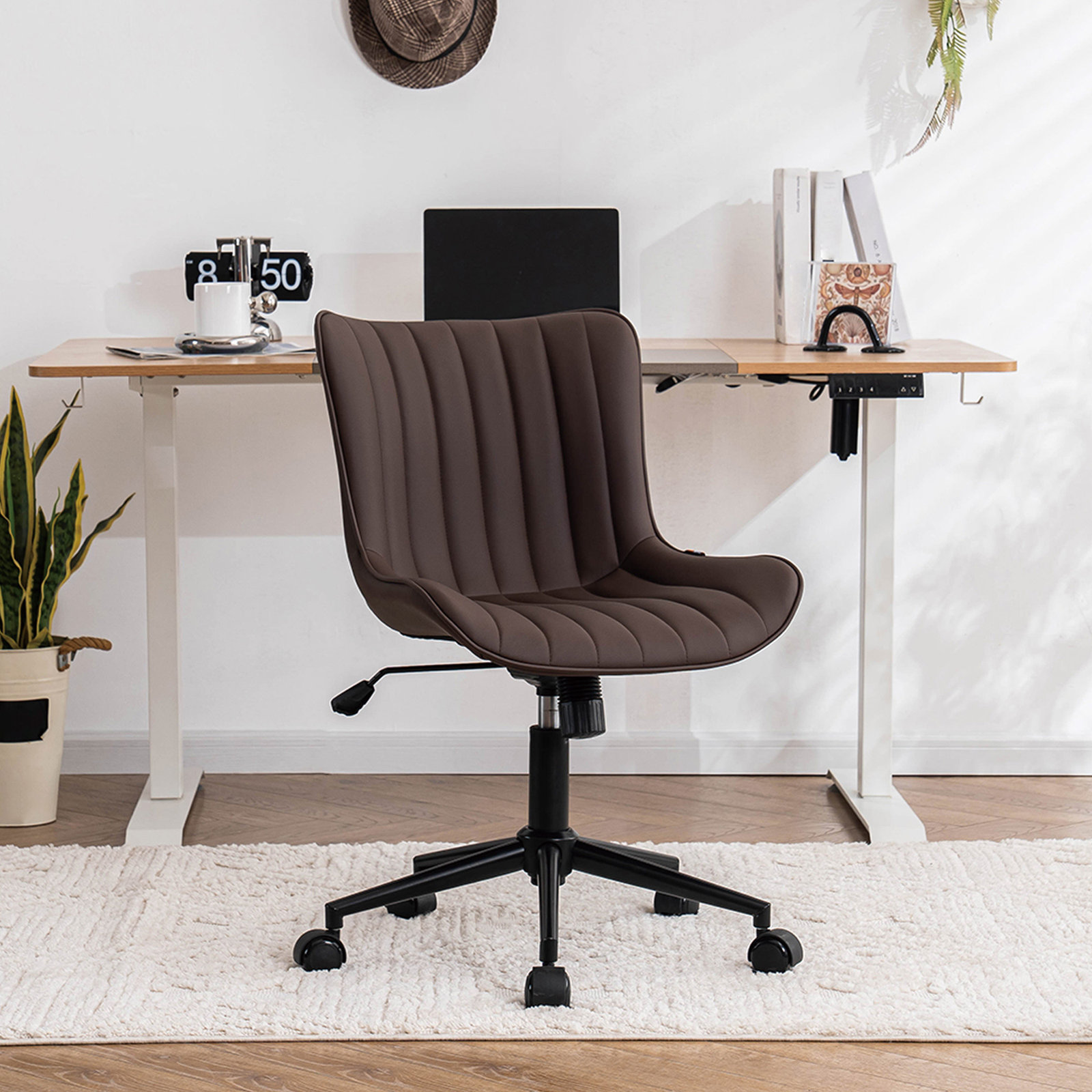 Brionni Leather Swivel Task Chair with Casters, Matte Brown Seat/ Brown Frame