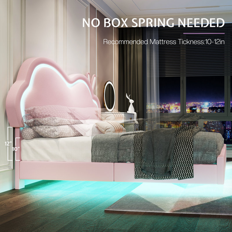 Zoomie Kids Floating Bed Frame with Adjustable LED Headboard and Leather Upholstered, Twin, Pink