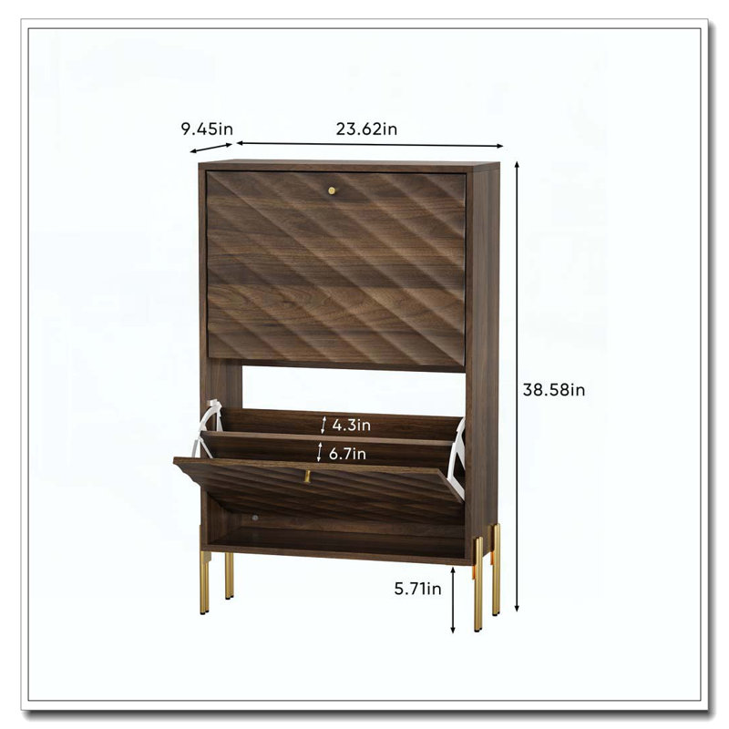 23.6 Inch Walnut Shoe Cabinet, Mid-Century Modern Freestanding Shoe Cabinet, Freestanding Organizer With Metal Legs