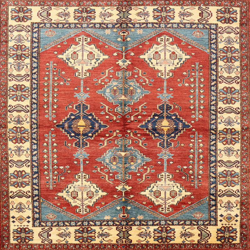Tapis en laine rouge / beige, Carré 3 pi
