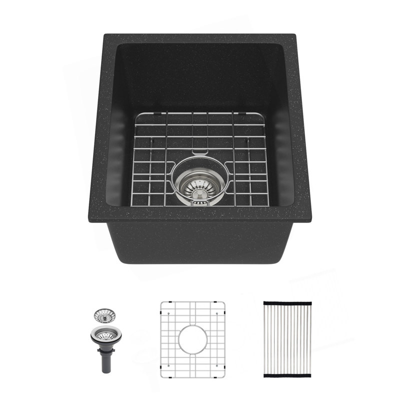 Évier de cuisine en quartz - Évier de cuisine à simple cuve en composite de granit noir encastrable 14,82 po x 17,55 po x 8,38 po