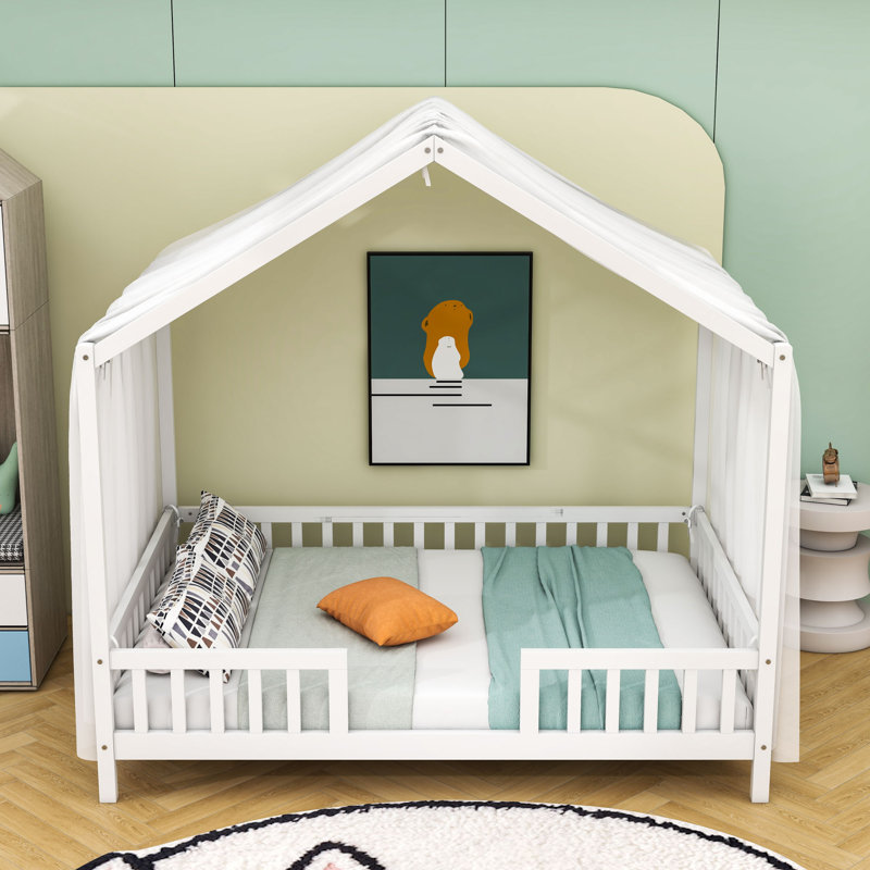 Enchanting Montessori Wooden House-Shaped Bed With Canopy, Full, White