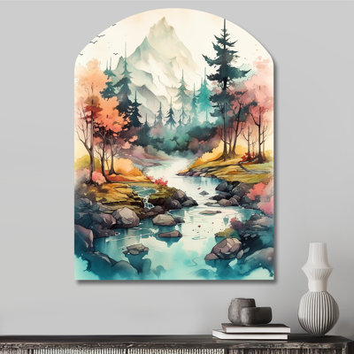 Coloured Mountains And River III - Mountains River Arch Shape Metal Wall Sculpture