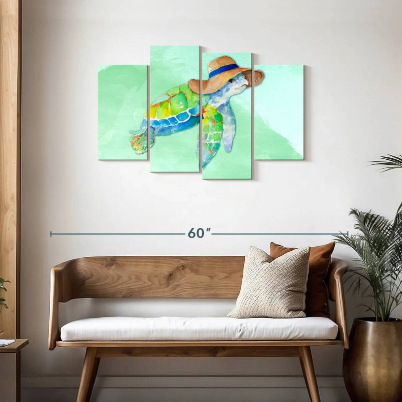 Tortue avec un chapeau sur fond bleu aquarelle