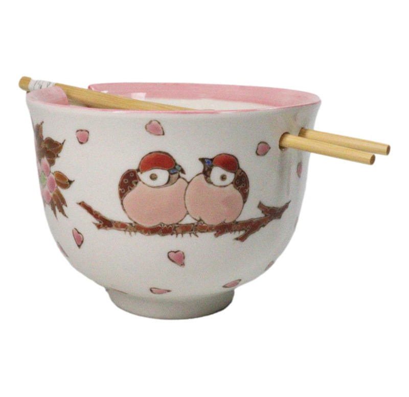 Twin Sparrows Cherry Blossom Ceramic Donburi Ramen Bowl With Chopsticks Set