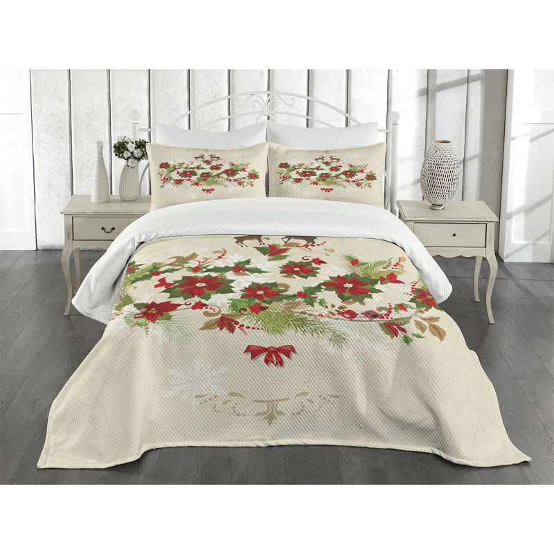 White Quilted Queen Bedspread Set with Floral Design
