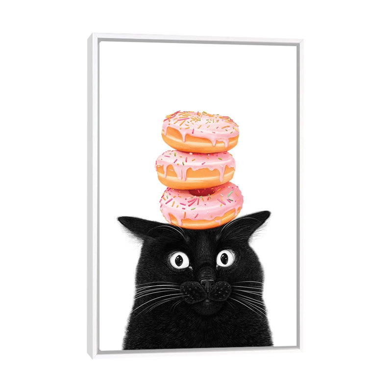 «Black Cat With Donuts», reproduction d'art sur toile encadrée, 60" x 40", Toile avec cadre, White