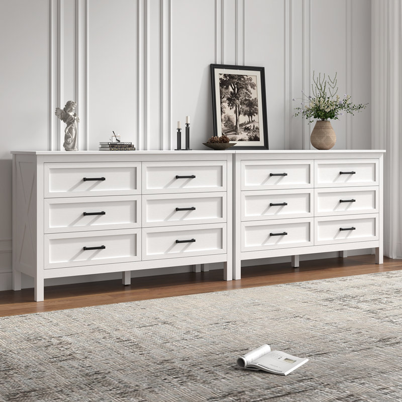 Farmhouse 6 Drawer Dresser for Living Room,Bedroom Dresser with Anti-Tip Device, White