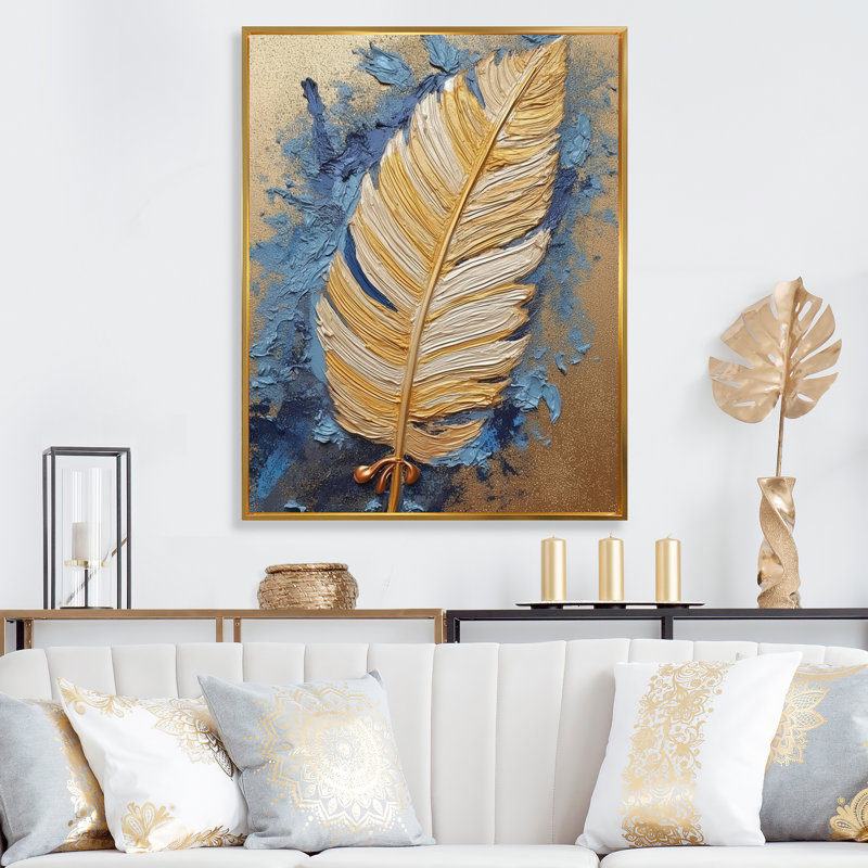 «Boho Glam Exquis Gold On Blue Feather», reproduction d'art sur toile, 40" H x 30" W, Cadre flottant doré