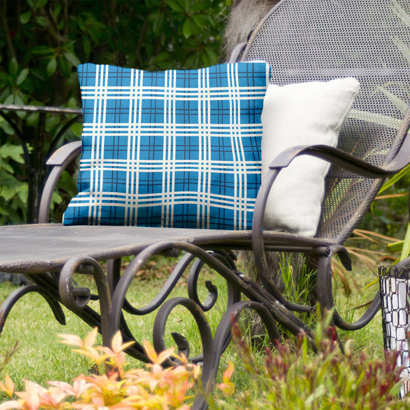 Plaid Outdoor Reversible Throw Pillow, 18" x 18", Powder Blue/Navy Blue/White, Polyester/Polyfill