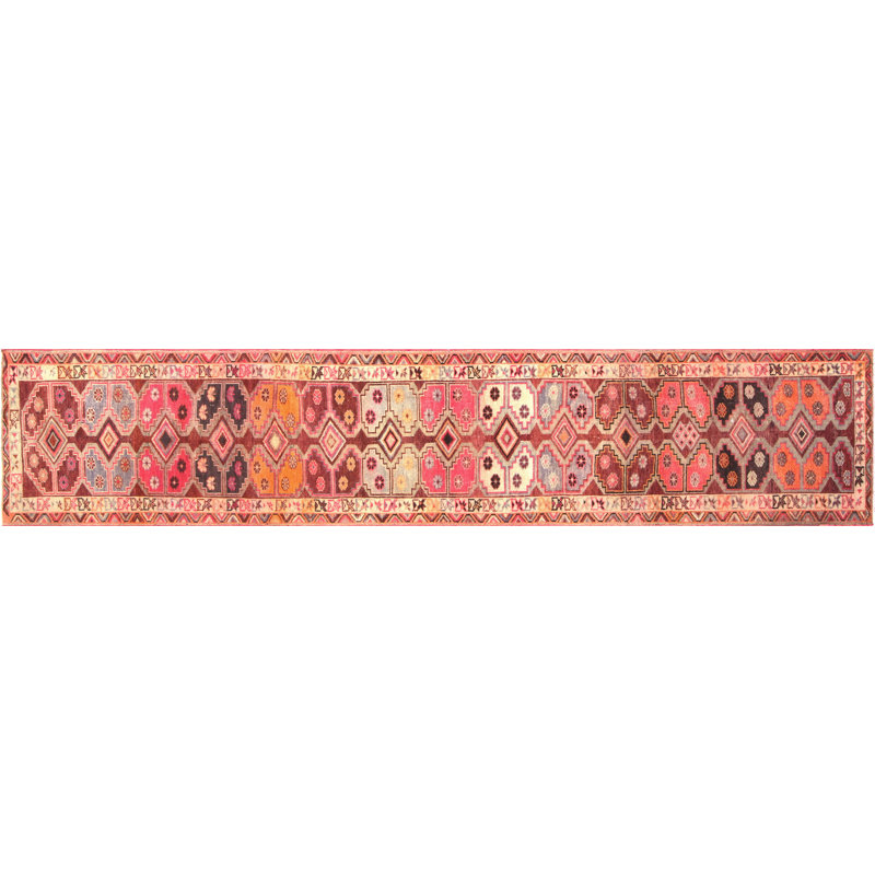 Tapis de couloir unique en laine noué à la main de style années 1960 de 3 pi x 14 pi 6 po en brun / rose / ivoire