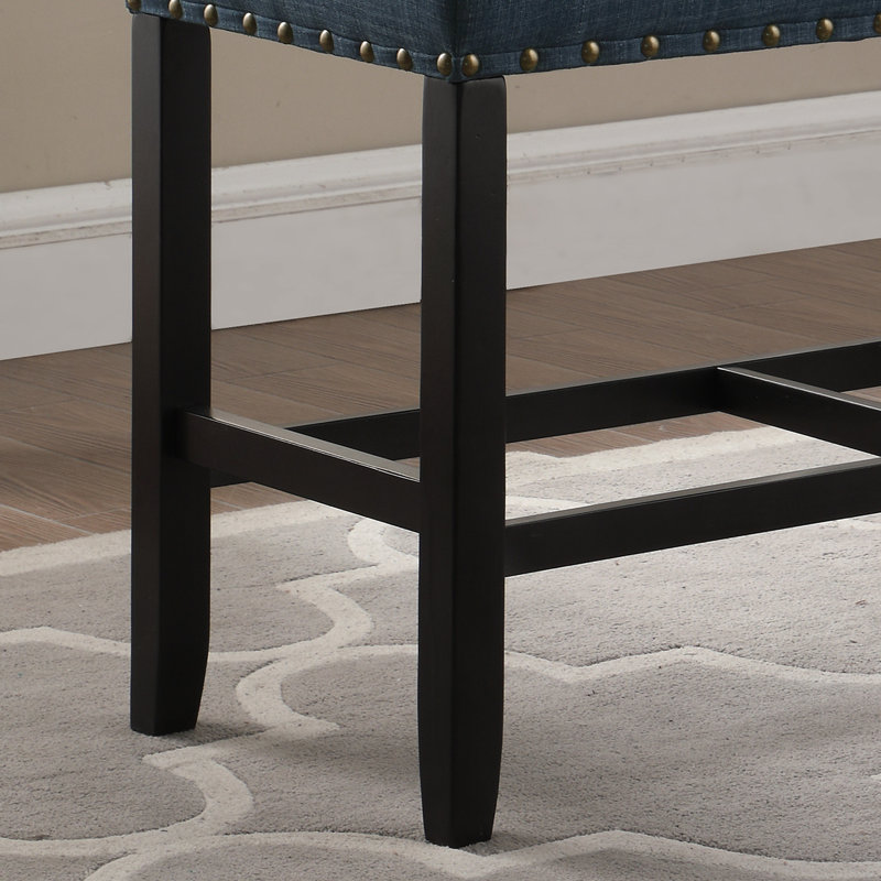 Counter Height Dining Bench In Blue With Blend Fabric And Elegant Design Trim Upholstered For Solid Hardwood Frame Sophisticated