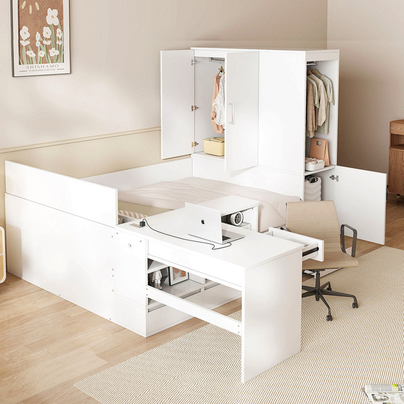 Lit plateforme double en bois avec 6 tiroirs, tablettes, bureau et garde-robe, Blanc