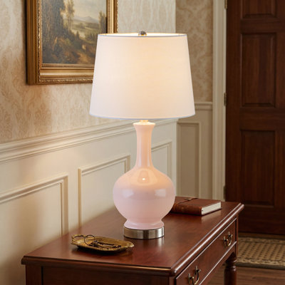 23" Pink Ceramic Table Lamp With Fabric Shade And Brushed Nickel Base
