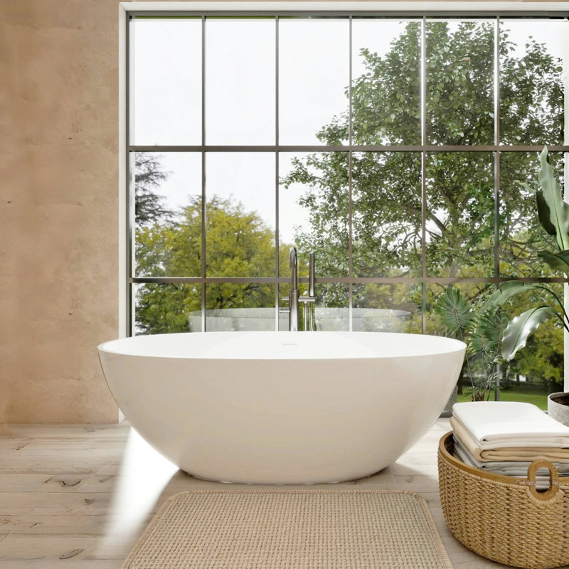 65" Freestanding Stone Resin Bathtub, Glossy White, Spa - Like Experience, Easy Maintenance And Hygiene Solid Surface Soaking Large Capacity Soaking, Comfortable Back Resting Design