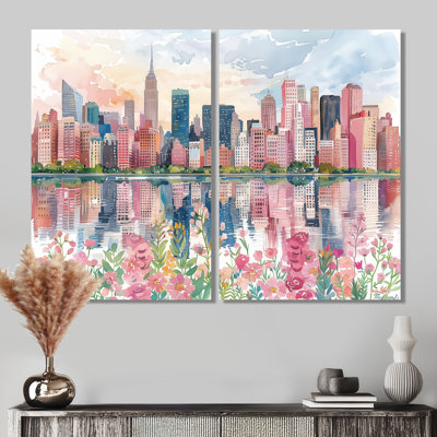 Pink Blue New York City Buildings - Pink Wall Art 2 Pieces