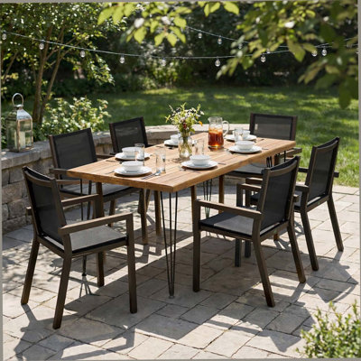 7 Pieces Acacia Wood Outdoor Dining Set S,Modern 6 Chairs 1 Large Table, Dining Furniture Set For Lawn, Backyard, Garden Deck,Poolside.Grey