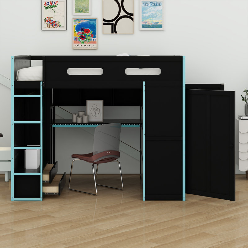 Lit mezzanine en bois avec bureau, garde-robe, grand espace de rangement et lumière DEL RVB, Bleu nuage